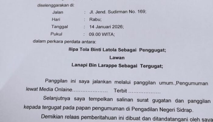 Panggilan Sidang Perdata Pengadilan Negeri Sidenreng Rappang Nomor 60/Pdt.G/2025/PN Sdr