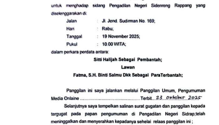 Pengumuman Panggilan Umum kepada Terbantah Baharuddin dalam Perkara Nomor 333/Pdt.Bth/2025/PN Sdr