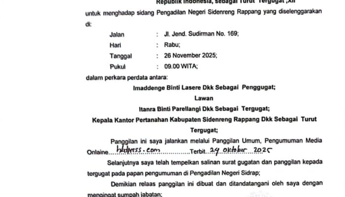 PANGGILAN TERBUKA: Pengadilan Negeri Sidenreng Rappang Panggil Turut Tergugat XII dalam Perkara Perdata Nomor 68/Pdt.G/2025/PN Sdr