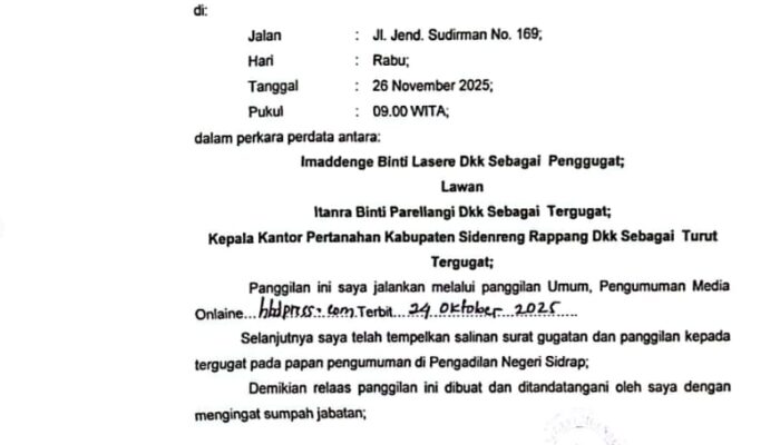 PANGGILAN TERBUKA: Pengadilan Negeri Sidenreng Rappang Panggil Turut Tergugat XIV dalam Perkara Perdata Nomor 68/Pdt.G/2025/PN Sdr
