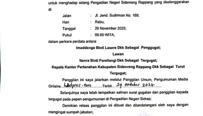 PANGGILAN TERBUKA: Pengadilan Negeri Sidenreng Rappang Panggil Turut Tergugat XIII dalam Perkara Perdata Nomor 68/Pdt.G/2025/PN Sdr
