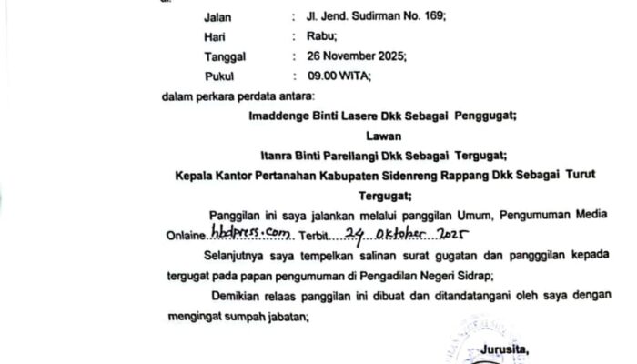 PANGGILAN TERBUKA: Pengadilan Negeri Sidenreng Rappang Panggil Turut Tergugat XI dalam Perkara Perdata Nomor 68/Pdt.G/2025/PN Sdr