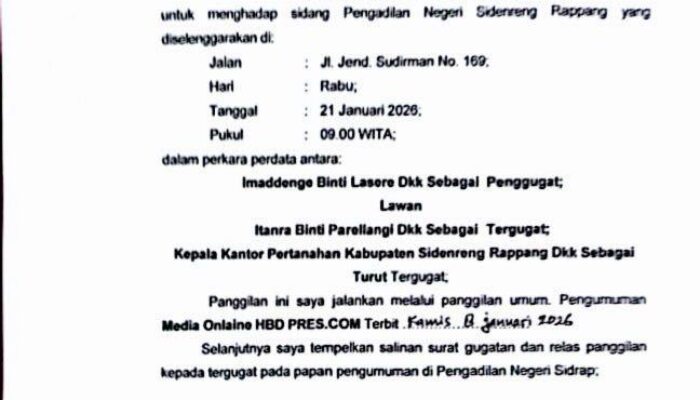 Relaas panggilan kepada Tergugat XIV perkara Nomor: 68/Pdt.G/2025/PN.Sdr