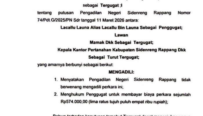 Relaas Pemberitahuan Putusan kepada Tergugat I Pada Perkara Nomor: 74/Pdt.G/2025/PN Sdr