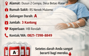 Pasien di RS Nenek Malomo Butuh Donor Darah Golongan A, 3 Kantong Segera Diperlukan