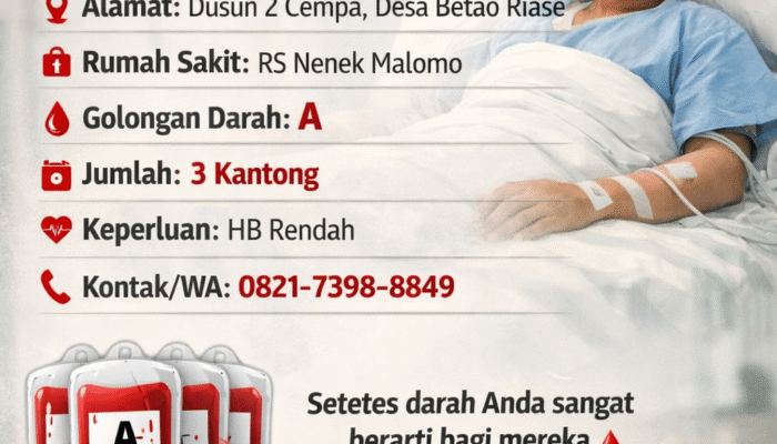 Pasien di RS Nenek Malomo Butuh Donor Darah Golongan A, 3 Kantong Segera Diperlukan