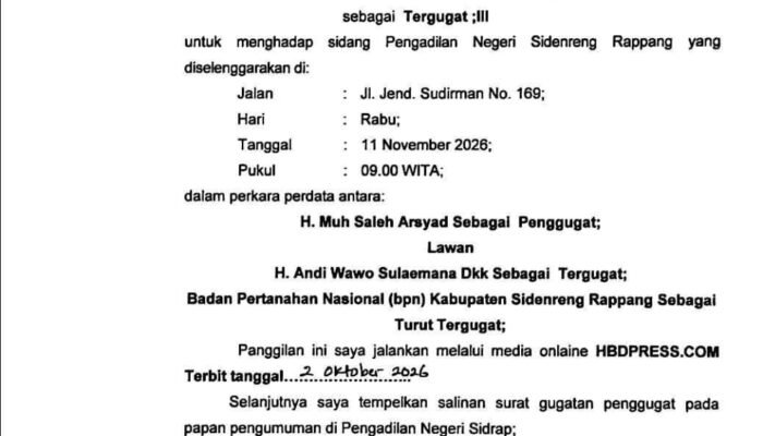 PN Sidrap Terbitkan Panggilan Umum untuk Andi Besse Sulaeman dalam Perkara Perdata