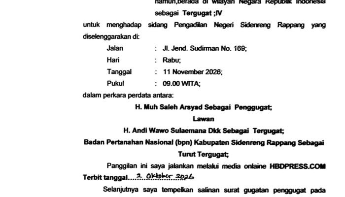 PN Sidrap Panggil Andi Tenri Angka dalam Perkara Perdata nomor 70/Pdt.G/2026/PN Sdr.